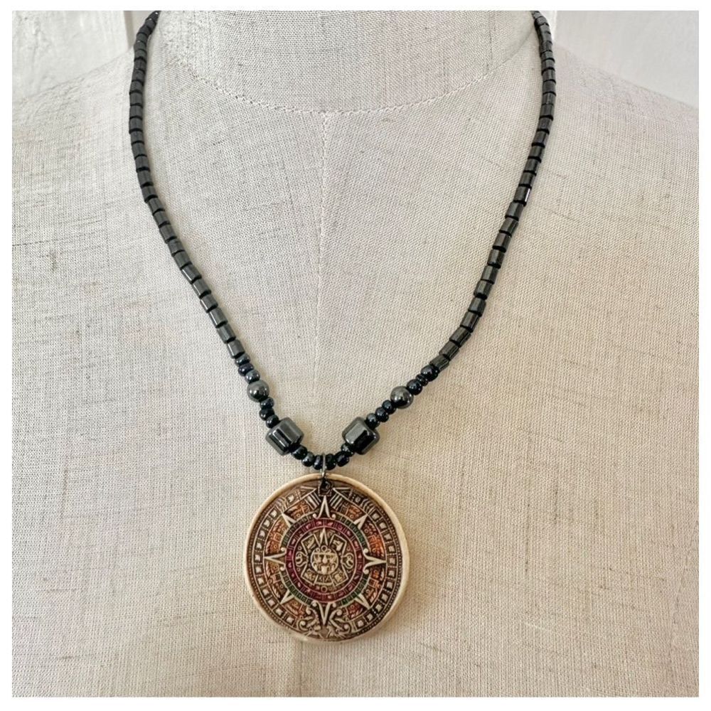 Hematite myan calendar pendant necklace